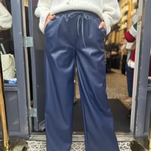 Leatherlook wide leg broek "Donkerblauw