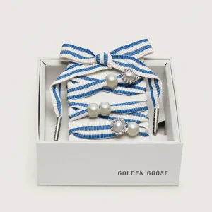 Golden Goose - Veters - Skin Embellishment Blue And White Striped Laces With Pearls And Pearl Studs - White / Bluette